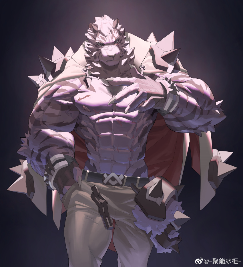 1boy abs absurdres animal_ears arknights bara bare_pecs blood chain_necklace feet_out_of_frame fingernails furry highres jacket jacket_on_shoulders ju_neng_binggui looking_at_viewer male_focus mountain_(arknights) muscular muscular_male nipples pants pectorals scar scar_across_eye sharp_fingernails short_hair solo spotlight stomach tail thighs tiger_boy tiger_ears tiger_tail veins white_fur white_pants