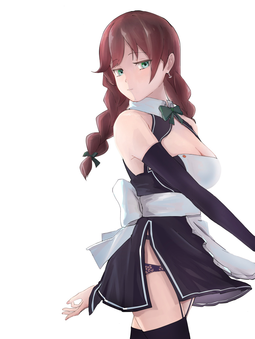 1girl absurdres bangs bkhayatej black_panties braid breasts brown_hair cleavage commentary_request cosplay cowboy_shot detached_sleeves dream_c_club_(series) dream_c_club_uniform green_eyes highres kantai_collection looking_at_viewer medium_breasts noshiro_(kancolle) panties simple_background solo swept_bangs twin_braids underwear waitress white_background