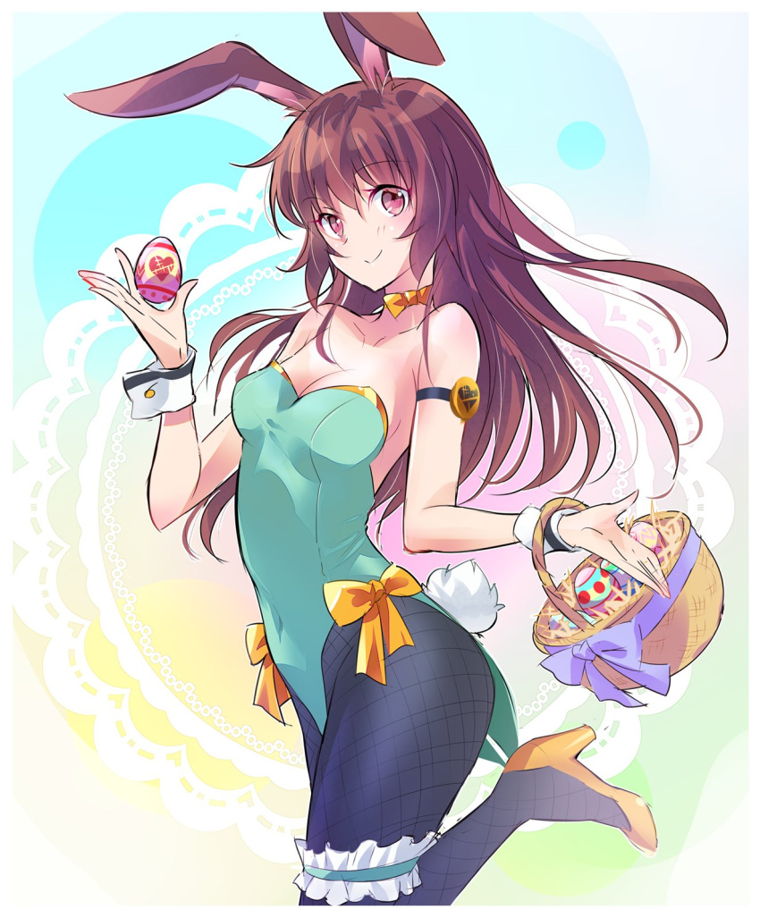 1girl animal_ears breasts brown_eyes brown_hair bunny_ears bunny_tail cleavage easter easter_egg egg fishnet_legwear fishnets high_heels highres iesupa long_hair pantyhose playboy_bunny rabbit_girl rwby scrunchie smile solo tail velvet_scarlatina wrist_cuffs