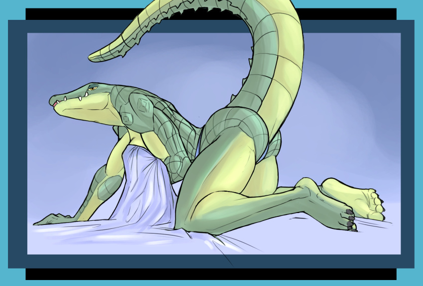 5_toes all_fours anthro athena_(f_draws) bed_sheet bedding bedroom_eyes breasts butt clothed clothing covering covering_breasts crocodile crocodilian crocodylid f_draws feet female green_body green_scales half-closed_eyes looking_at_viewer muscular muscular_anthro muscular_female narrowed_eyes non-mammal_breasts panties partially_clothed reptile scales scalie seductive sharp_teeth soles solo teeth toes topless underwear yellow_eyes