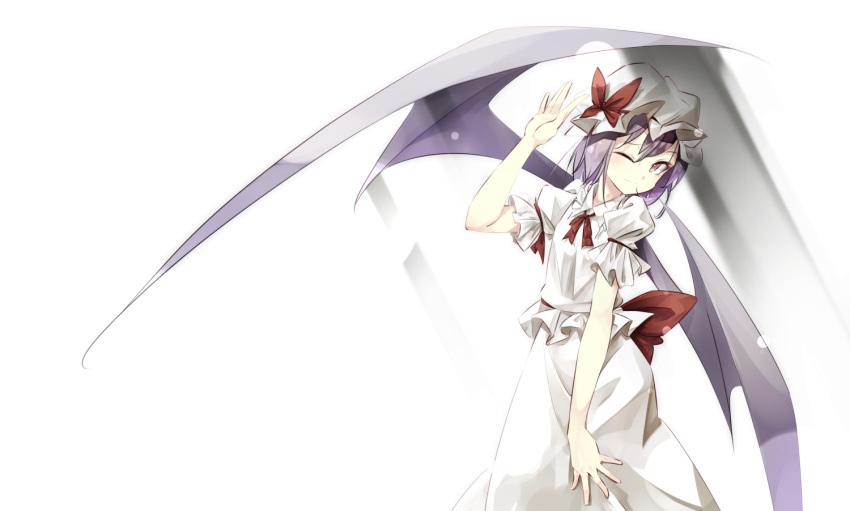 1girl back_bow bangs bat_wings bow commentary_request cowboy_shot gorilla_(bun0615) hand_up hat hat_bow mob_cap neck_ribbon one_eye_closed purple_hair red_bow red_eyes red_neckwear remilia_scarlet ribbon shirt short_sleeves skirt solo touhou white_background white_headwear white_shirt white_skirt wings