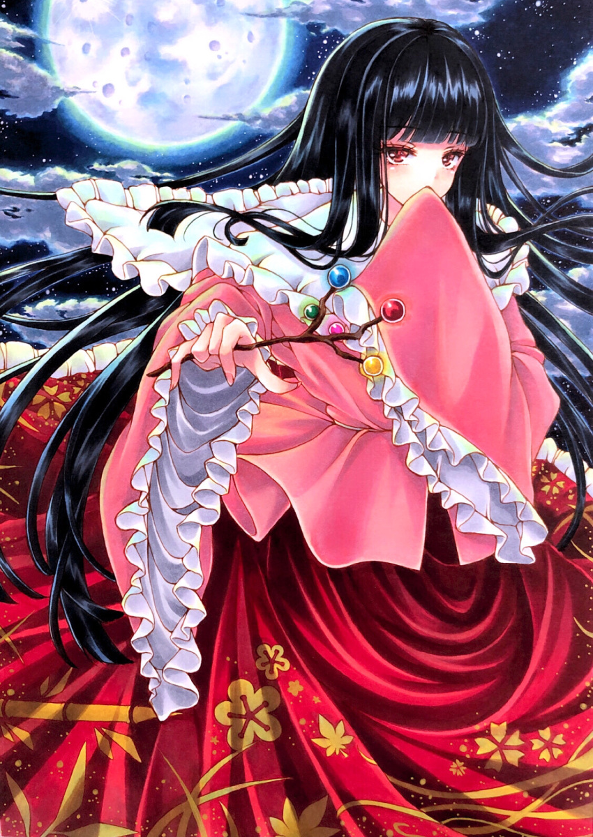 1girl bamboo_print bangs black_hair blunt_bangs blush branch cloud cloudy_sky commentary_request covering_mouth eyebrows_visible_through_hair eyelashes feet_out_of_frame floating_hair floral_print frilled_shirt_collar frills full_moon hand_up highres holding holding_branch houraisan_kaguya long_hair looking_at_viewer marker_(medium) mktr_(princess_mktr) moon night night_sky pink_shirt red_eyes red_skirt shirt skirt sky sleeves_past_fingers sleeves_past_wrists solo standing star_(sky) starry_sky touhou traditional_media very_long_hair wide_sleeves
