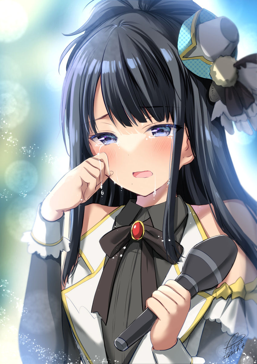 1girl azuma_yuki bangs black_bow black_hair black_shirt black_sleeves blue_eyes blurry blurry_background bow brooch collared_shirt crying crying_with_eyes_open depth_of_field detached_sleeves eyebrows_visible_through_hair hands_up hat highres holding holding_microphone idolmaster idolmaster_shiny_colors jewelry kazano_hiori long_hair long_sleeves microphone mini_hat ponytail shirt signature solo tears tilted_headwear upper_body vest white_headwear white_vest