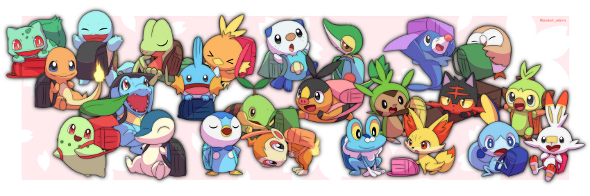 &gt;_&lt; absurdres artist_name backpack bag bent_over black_bag blue_bag blue_eyes bright_pupils brown_bag bulbasaur charmander chespin chikorita chimchar closed_eyes closed_mouth commentary_request cyndaquil fennekin fire flame froakie gen_1_pokemon gen_2_pokemon gen_3_pokemon gen_4_pokemon gen_5_pokemon gen_6_pokemon gen_7_pokemon gen_8_pokemon green_bag grookey highres litten looking_back mudkip no_humans open_mouth orange_bag oshawott pink_bag piplup pokemon pokemon_(creature) poket_mkrn popplio purple_bag randoseru red_bag red_eyes rowlet scorbunny sitting smile snivy sobble spring_(season) squirtle standing starter_pokemon tepig toes torchic totodile treecko turtwig |d