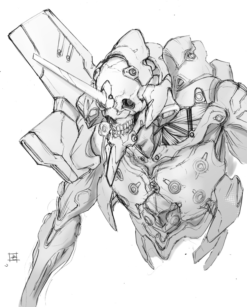 absurdres eva_01 greyscale highres horns looking_ahead matutoya mecha monochrome neon_genesis_evangelion no_humans redesign science_fiction single_horn sketch skull solo upper_body white_background