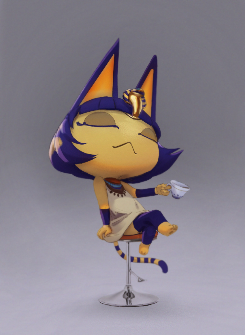 absurd_res animal_crossing ankha_(animal_crossing) anthro barefoot blue_hair clothed clothing cup domestic_cat dress egyptian_headdress eyes_closed feet felid feline felis female hair hi_res mammal nintendo pawpads sitting solo striped_tail stripes tea_cup uraeus video_games yellow_body