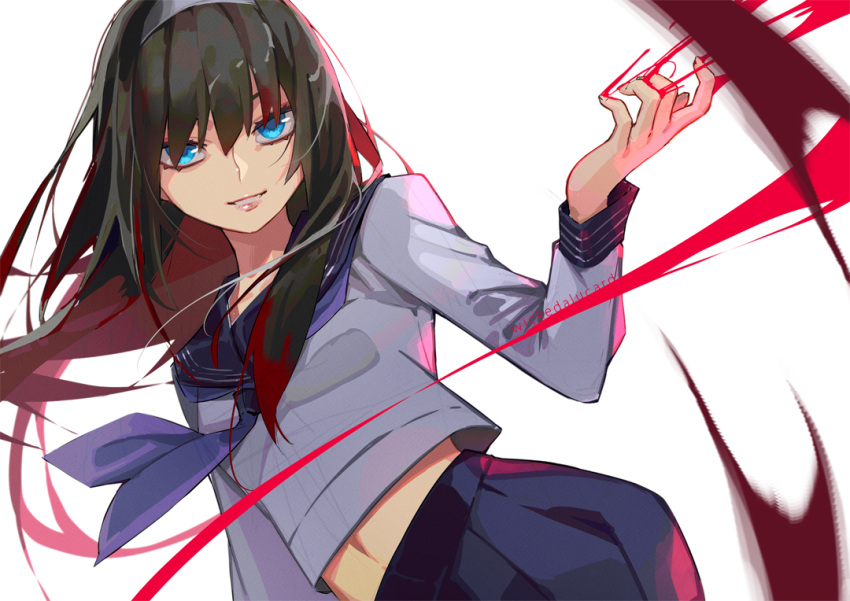 1girl artist_name bangs black_hair blouse blue_blouse blue_eyes blue_neckwear blue_serafuku blue_skirt colored_inner_hair cowboy_shot eyebrows_behind_hair hairband ian_olympia long_hair long_sleeves looking_at_viewer melty_blood midriff_peek multicolored_hair neckerchief pleated_skirt red_hair sailor_collar school_uniform serafuku sidelocks skirt smile solo tohno_akiha tsukihime tsukihime_(remake) white_background