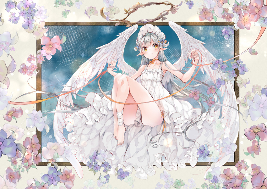 barefoot blush flowers gray_hair halo long_hair original pointed_ears umi_no_mizu wings yellow_eyes