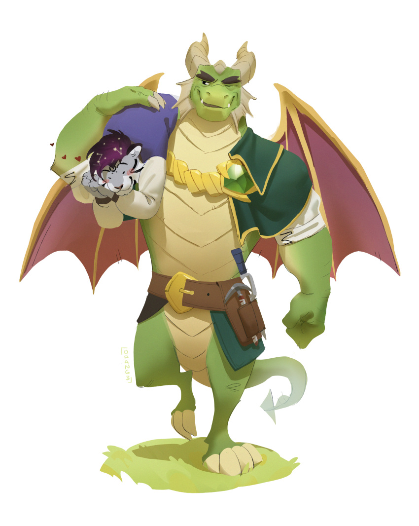 &lt;3 0rang3 absurd_res activision anthro carrying carrying_over_shoulder dragon duo felid green_body hi_res holding_object horn love male mammal muscular muscular_anthro muscular_male nestor_(spyro) pantherine size_difference smile spyro_reignited_trilogy spyro_the_dragon teeth tiger video_games wings