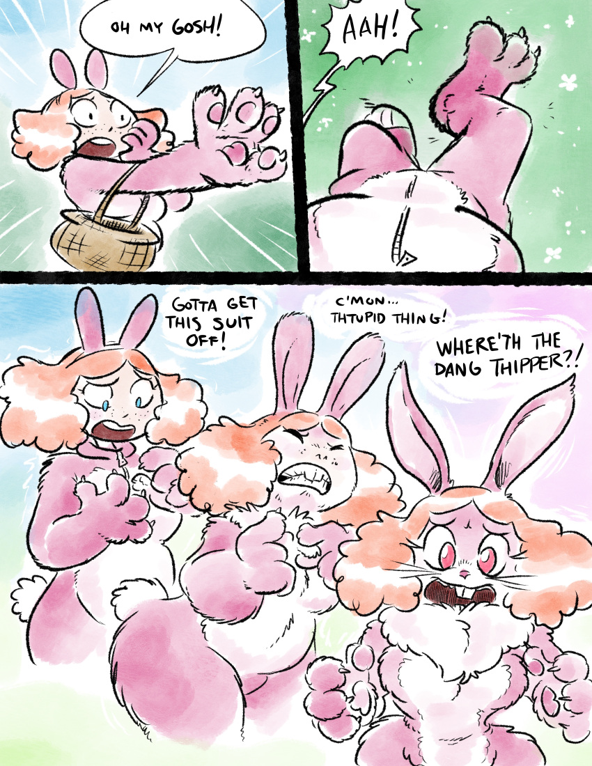 2021 absurd_res anthro basket breasts clothing comic costume dialogue easter female female_pov first_person_view fur fursuit growth hair hi_res holidays human human_to_anthro lagomorph leporid mammal mr-dna pawpads pink_body pink_eyes pink_fur rabbit shocked solo species_transformation suit_transformation surprise transformation whisker_growth whiskers