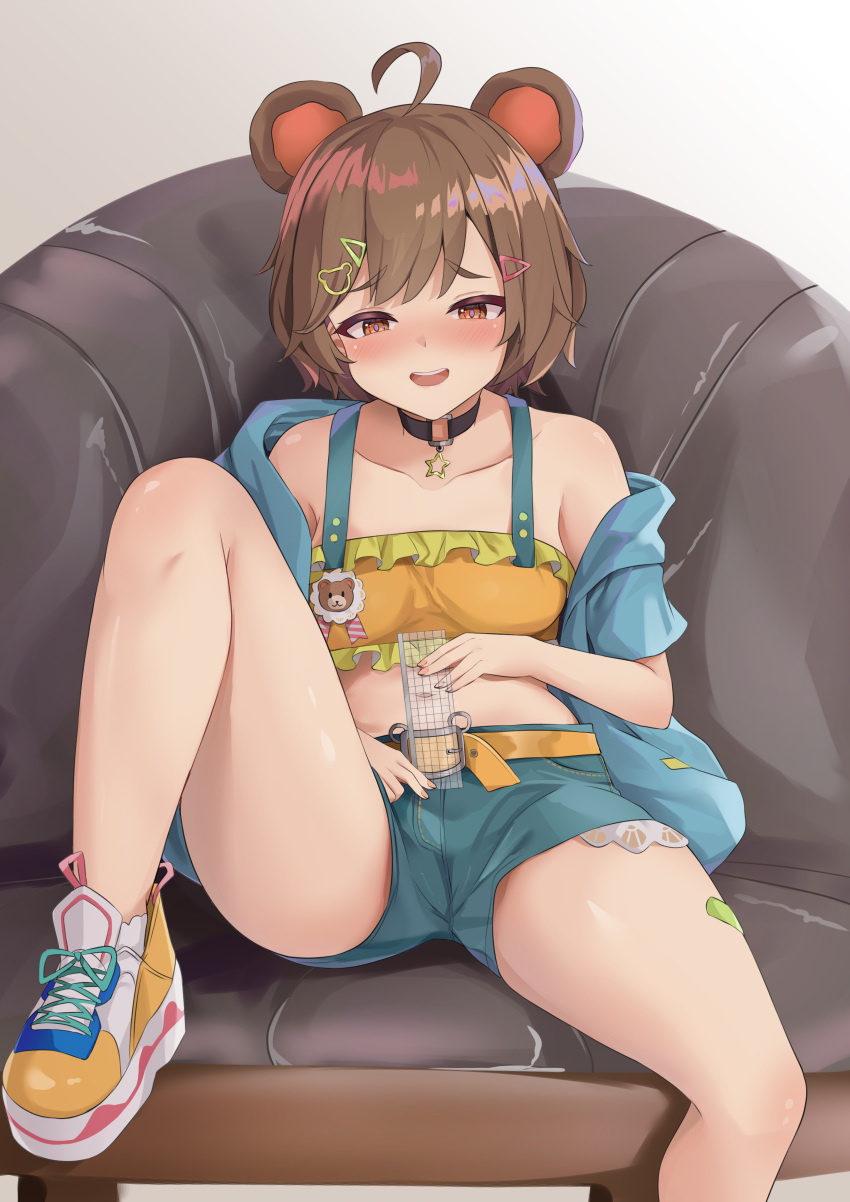 1girl absurdres ahoge animal_collar animal_ears bandaid bandaid_on_leg bangs bare_shoulders bear_ears bear_hair_ornament belt blue_jacket blue_shorts blush breasts brown_eyes brown_hair choker collar collarbone commission couch frills hair_ornament hairclip highres jacket kusana_(dudqja602) leg_up looking_down measuring navel off_shoulder on_couch original penis_measuring pixiv_request ruler shoes short_hair short_sleeves shorts sitting small_breasts sneakers solo swept_bangs tank_top