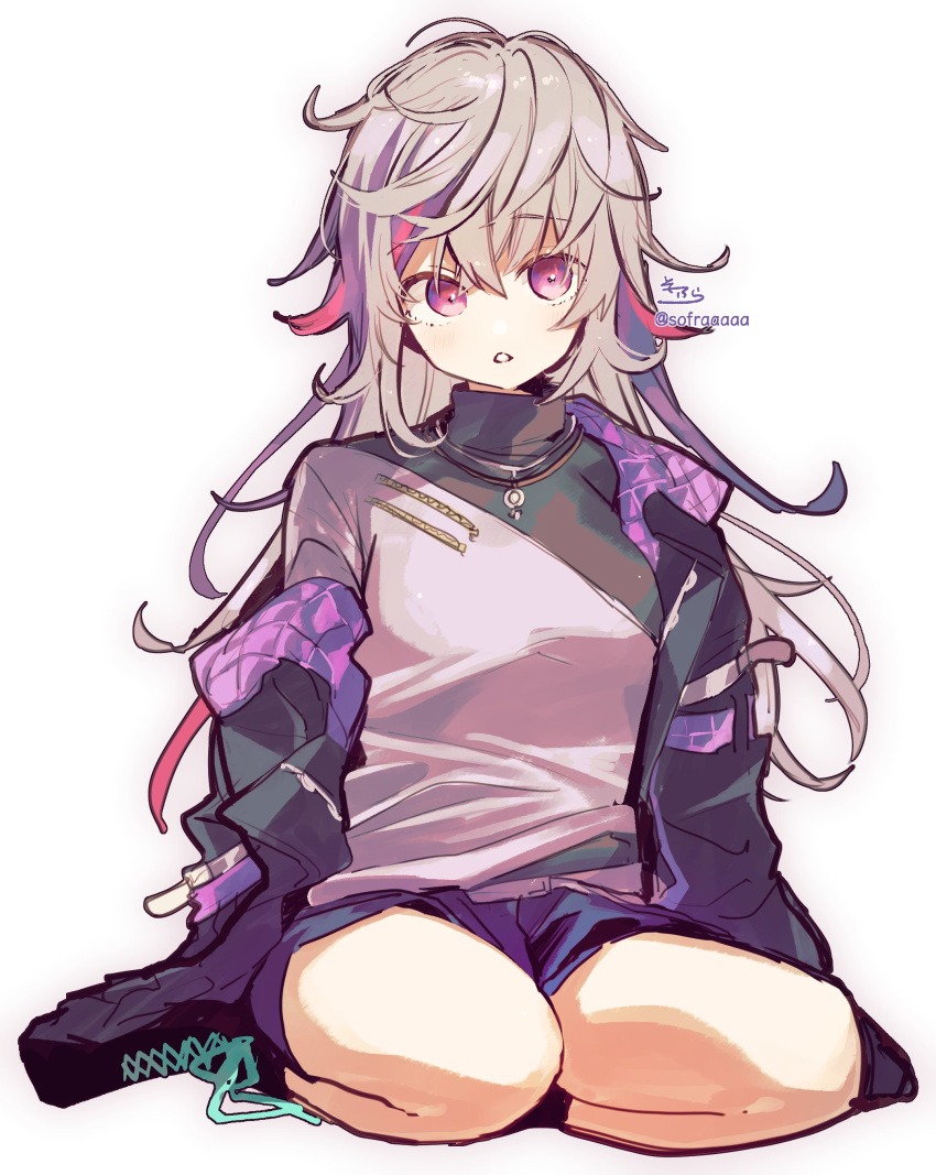 1girl absurdres bangs black_footwear black_jacket boots breasts commentary_request cross-laced_footwear eyebrows_visible_through_hair full_body fuwa_minato genderswap genderswap_(mtf) grey_shirt hair_between_eyes highres jacket lace-up_boots multicolored_hair nijisanji off_shoulder open_clothes open_jacket parted_lips purple_eyes purple_hair purple_shorts red_hair shirt short_shorts shorts signature simple_background sitting sleeves_past_wrists small_breasts sofra solo streaked_hair twitter_username virtual_youtuber wariza white_background
