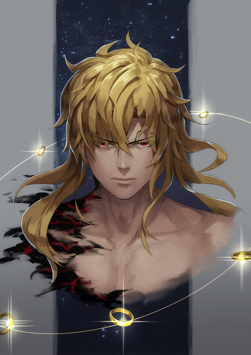 1boy asrkgk_(asura) blonde_hair commentary dark_skin dark_skinned_male fate/grand_order fate_(series) goetia_(fate) highres jewelry long_hair red_eyes ring solo upper_body