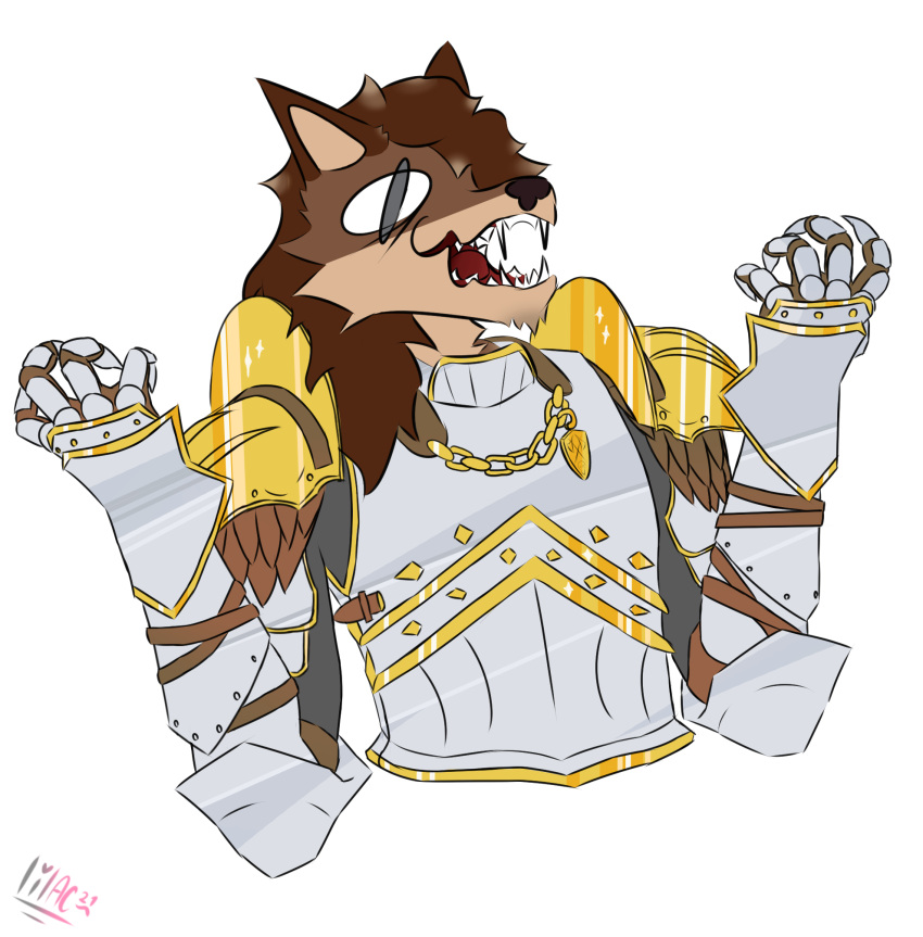 2021 alpha_channel anthro armor blitz_acerosin_(character) breastplate brown_hair canid canine canis clothed clothing digital_media_(artwork) dire_wolf fangs front_view fur gauntlets gloves gold_(metal) grey_eyes hair half-length_portrait handwear hi_res lilac_(artist) long_hair male mammal open_mouth plate_armor portrait prick_ears shoulder_pads signature simple_background solo teeth tongue topwear transparent_background wolf