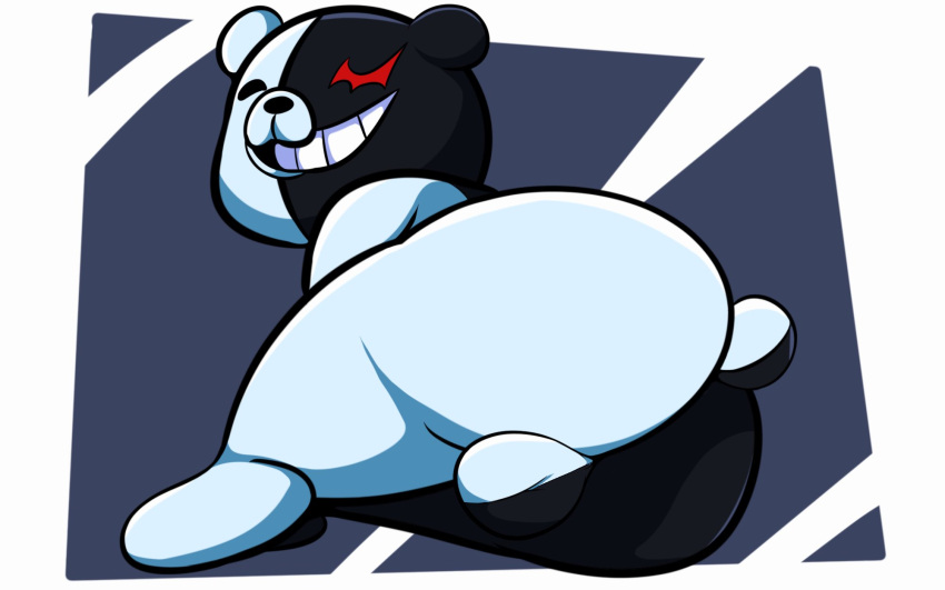 2020 anthro backsack balls black_balls black_body black_butt black_eyes black_nose butt danganronpa genetic_chimerism genitals grin hi_res male mammal monokuma multicolored_balls multicolored_body multicolored_butt nude red_eyes simple_background smile solo teeth tepigfan101 two_tone_body ursid white_balls white_body white_butt