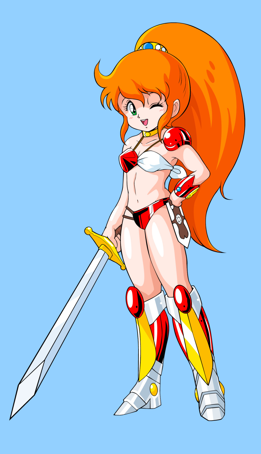 1980s_(style) 1girl 675_(image_675) absurdres armor armored_boots bikini bikini_armor blue_background boots bracer breasts caron_(rall) choker full_body green_eyes hand_on_hip highres knee_boots long_hair navel one_eye_closed open_mouth orange_hair ponytail red_bikini retro_artstyle sf_choujigen_densetsu_rall simple_background small_breasts smile solo swimsuit sword thighs very_long_hair weapon