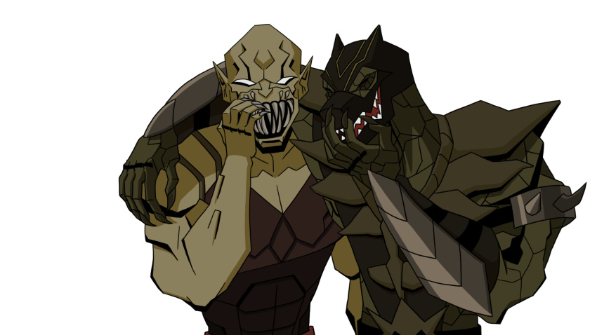 abs anthro armor baraka biceps big_muscles big_teeth bk_hat claws clothed clothing duo fully_clothed green_body green_scales green_skin hi_res humanoid humanoid_pointy_ears laugh laughing_at lizard male mask meme monster mortal_kombat muscular muscular_anthro muscular_male pecs reptile reptile_(mortal_kombat) scales scalie sharp_teeth snout sonichaxd spikes tarkatan teeth video_games white_eyes