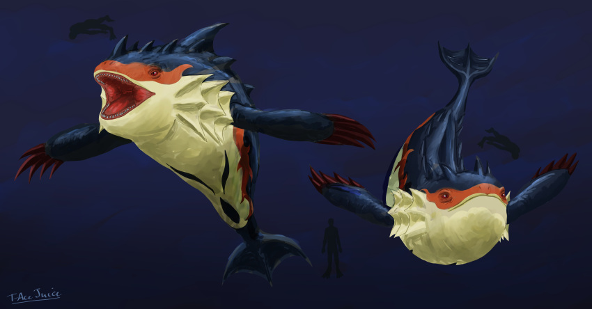 2021 absurd_res blue_body cetacean claws digital_media_(artwork) duo female feral fin hi_res male mammal marine markings open_mouth orange_body orange_markings red_claws red_eyes silhouette simple_background spikes swimming t-ace_juice teeth underwater water whaneria yellow_body