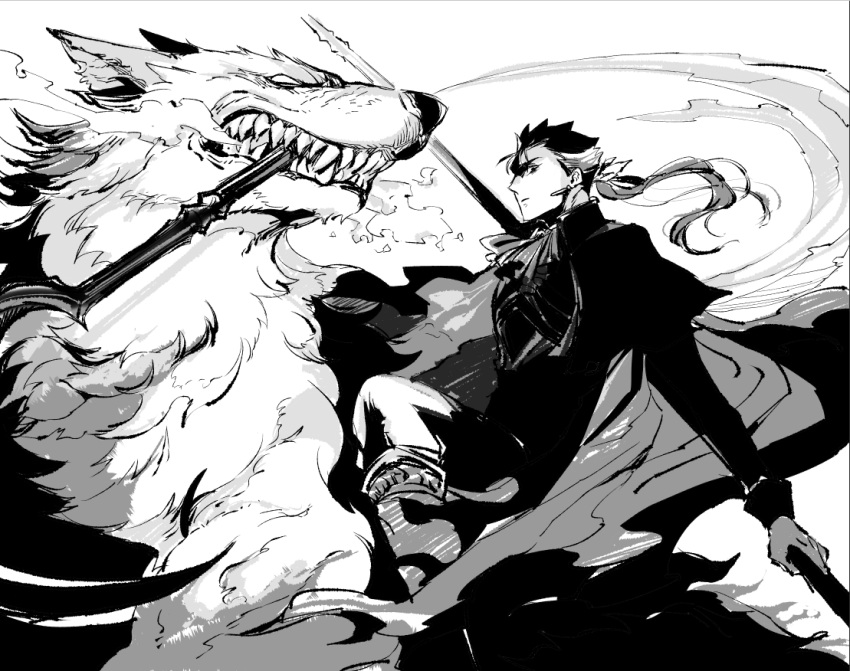 1boy 1other alternate_costume angry blue_hair closed_mouth cu_chulainn_(fate)_(all) fangs fate/grand_order fate/stay_night fate_(series) floating_hair holding holding_polearm holding_weapon lancer lobo_(fate) long_hair male_focus monochrome polearm ponytail riding shibanui smoke spiked_hair weapon wolf