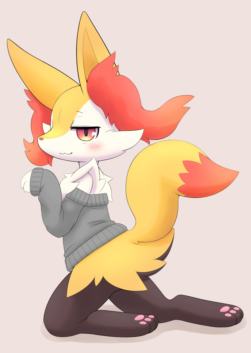 2020 3_toes absurd_res ambiguous_gender anthro blush bottomless braixen canid canine cheek_tuft chest_tuft clothed clothing ear_tuft facial_tuft feet fur hi_res inner_ear_fluff kneeling mammal nintendo orange_body orange_fur pawpads pok&eacute;mon pok&eacute;mon_(species) red_eyes simple_background smile solo sweater toes topwear tuft video_games yellow_body yellow_fur も