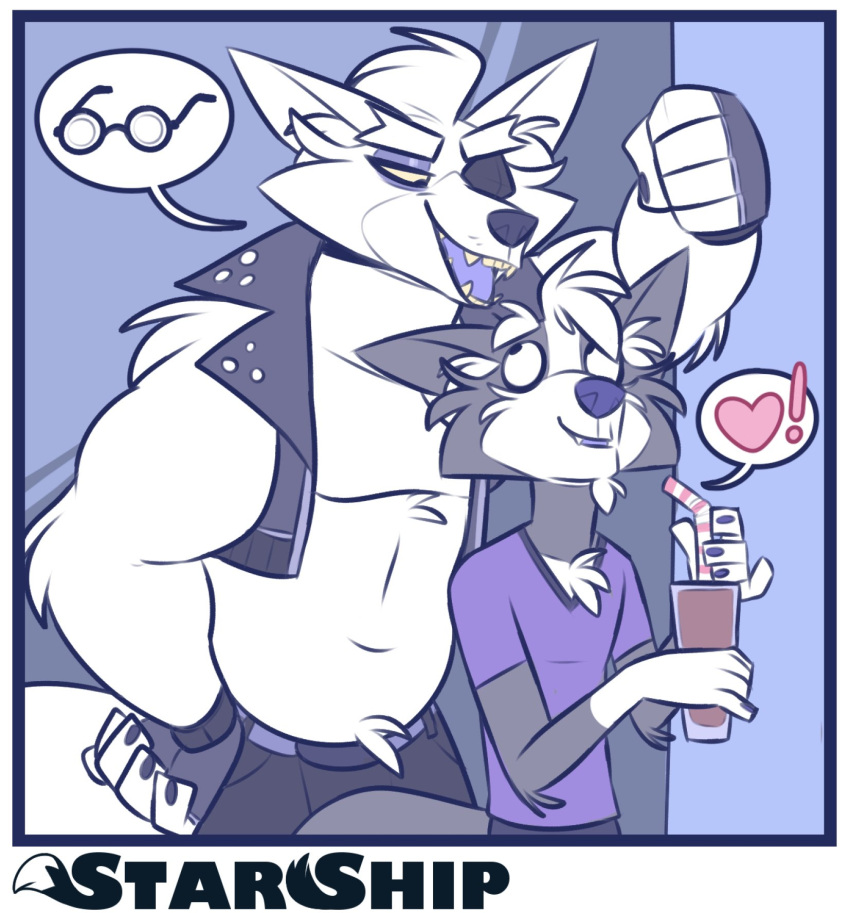 &lt;3 2021 5_fingers anthro april_fools belly beverage biped canid canine canis cheek_tuft chest_tuft clothed clothing comic dialogue duo ear_tuft eye_patch eyewear facial_hair facial_tuft fingers fox fox_mccloud fully_clothed fur glasses goatee grey_body grey_fur hair hi_res kabedon male male/male mammal monotone_body monotone_fur multicolored_body multicolored_fur musclegut muscular muscular_anthro muscular_male navel nintendo open_clothing open_shirt open_topwear shirt size_difference slim smoothie star_fox straw teeth toomuchdynamite topwear tuft two_tone_body two_tone_fur video_games white_body white_fur white_hair wolf wolf_o'donnell