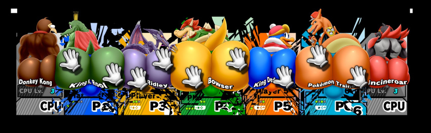 anthro big_butt bowser butt character_select charizard clothing crocodile crocodilian crocodylid crown disembodied_hand donkey_kong_(character) donkey_kong_(series) group hi_res incineroar king king_dedede king_k._rool kirby_(series) koopa looking_back male mario_bros metroid nintendo pok&eacute;mon pok&eacute;mon_(species) reptile ridley robe royalty scalie spaca spanking super_smash_bros. video_games