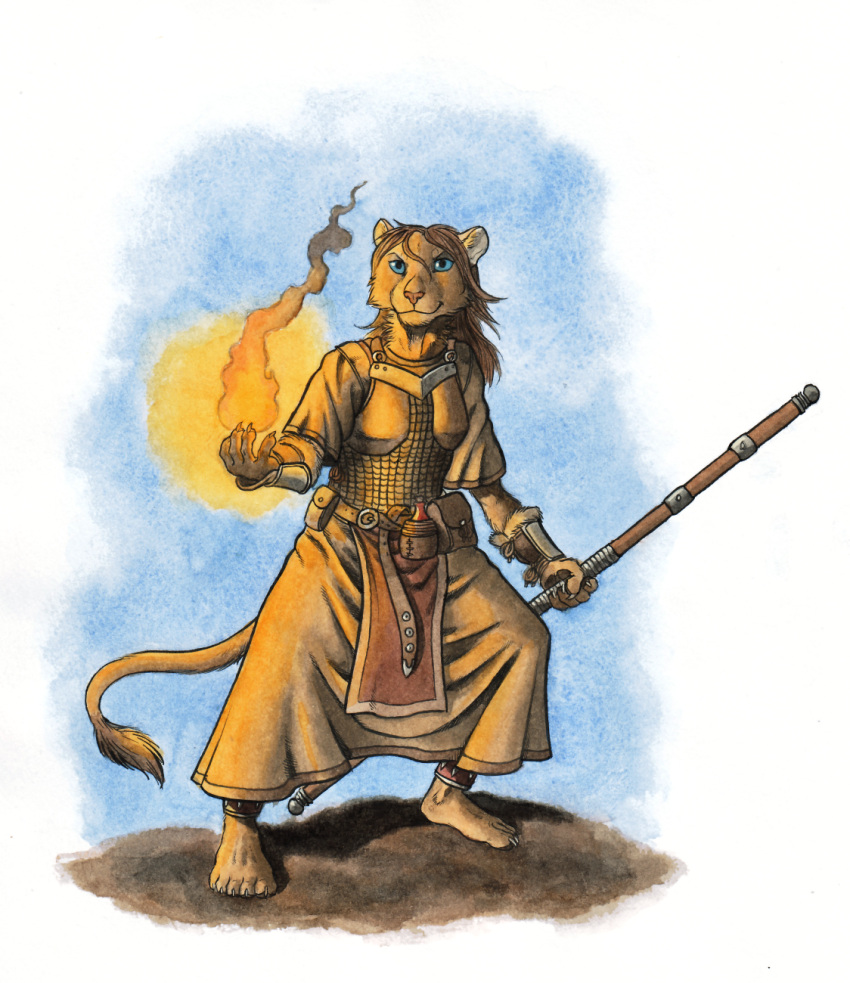 0laffson 2021 5_fingers 5_toes anthro barefoot belt belt_pouch bethesda_softworks blue_eyes breasts clothed clothing elemental_manipulation feet felid female fingers fire fire_manipulation hi_res khajiit looking_at_viewer mammal raziya_(character) smile solo staff the_elder_scrolls toes traditional_media_(artwork) video_games