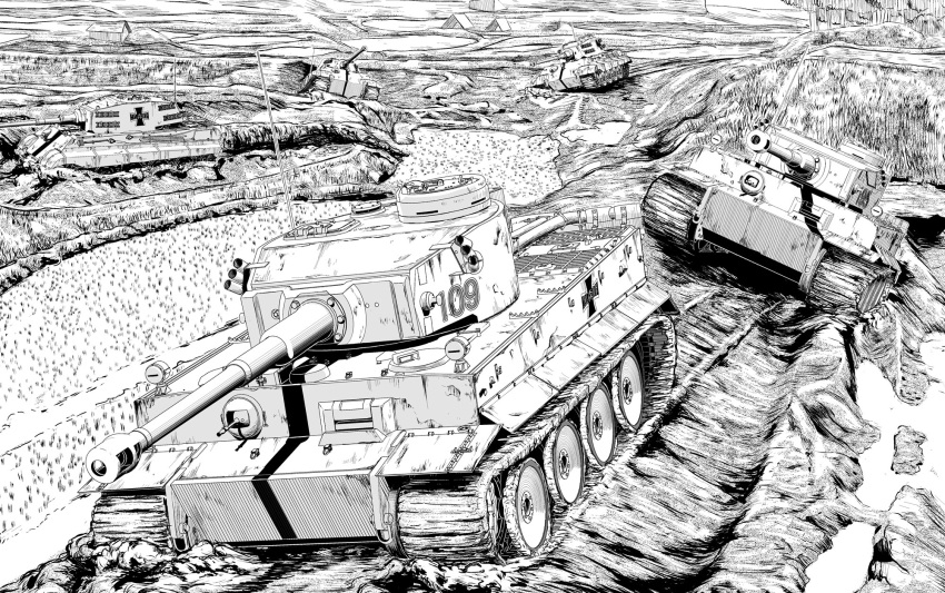 bad_id bad_twitter_id commentary emblem girls_und_panzer greyscale ground_vehicle highres kuromorimine_(emblem) landscape military military_vehicle monochrome motor_vehicle mud no_humans outdoors tank tank_focus tiger_i tiger_ii vehicle_focus yoshida_hajime