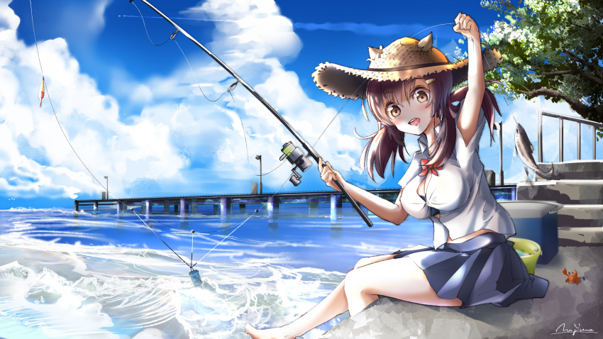 1girl alternate_costume azur_lane blush bra bra_through_clothes breasts commentary_request crab eyebrows_visible_through_hair fishing hair_between_eyes hair_ornament hairclip highres horns large_breasts long_hair looking_at_viewer nagara_(azur_lane) shirt short_sleeves smile solo twintails underwear white_shirt yokaze_(yokajie)