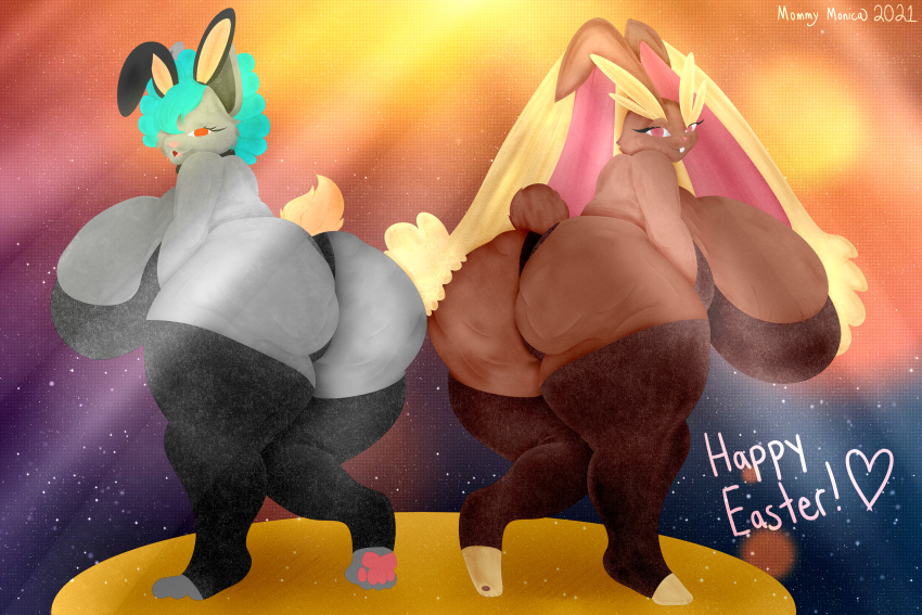 2021 absurd_res anthro baconbasket big_breasts big_butt breasts butt canid canine canis digital_drawing_(artwork) digital_media_(artwork) digital_painting_(artwork) duo english_text female female/female fur hair hi_res holiday_dressed holiday_greeting holiday_message huge_breasts huge_butt hyper lagomorph leporid light lighting lopunny mammal monica_(baconbasket) nintendo open_mouth overweight pok&eacute;mon pok&eacute;mon_(species) rabbit shaded signature simple_background smaller_version_at_source smile text thick_thighs video_games wolf
