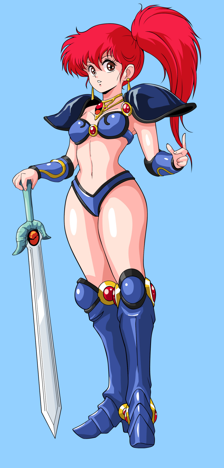 1980s_(style) 1girl 675_(image_675) absurdres arm_up armor asagiri_youko bikini bikini_armor blue_background blue_bikini blue_footwear boots breasts brown_eyes choker earrings full_body gem genmu_senki_leda highres jewelry knee_boots long_hair navel pauldrons red_hair retro_artstyle shoulder_armor side_ponytail simple_background small_breasts solo swimsuit sword thighs vambraces weapon