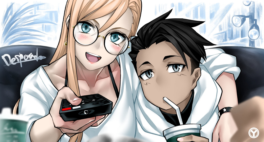 1boy 1girl absurdres alternate_hair_color arm_around_shoulder baggy_clothes black-framed_eyewear black_bra blue_eyes blush bra bra_strap breasts character_request cleavage close-up controller couch cup dark_skin dark_skinned_male desperado_(yotaro) disposable_cup drinking_straw earrings glasses highres hood hoodie jewelry light_brown_hair lipstick long_hair makeup medium_breasts on_couch remote_control round_eyewear sitting smile sweater tachibana_rikka underwear upper_teeth white_hoodie white_sweater yotaro