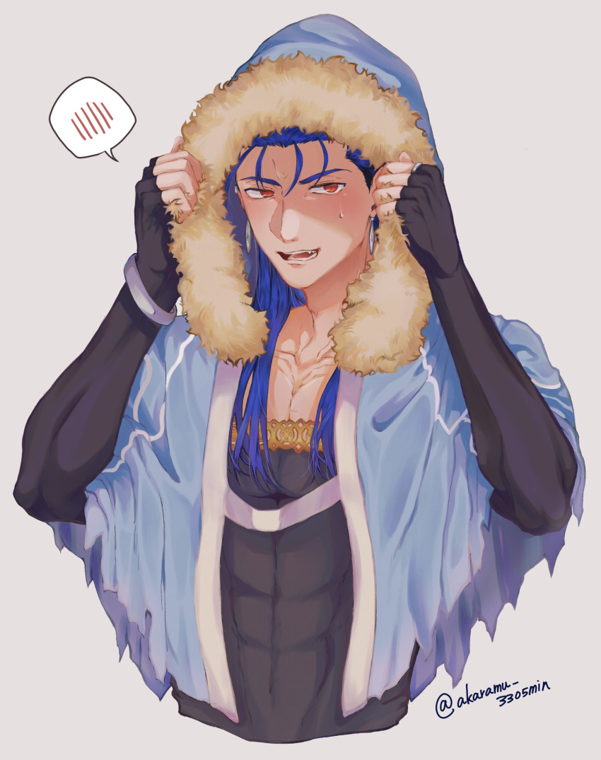 1boy abs blue_hair blush capelet collarbone cu_chulainn_(fate)_(all) cu_chulainn_(fate/grand_order) embarrassed fate/grand_order fate_(series) fur-trimmed_hood fur_trim highres hood hood_up hooded_capelet long_hair male_focus meisei_(akaramu_3305min) muscular muscular_male open_mouth red_eyes simple_background slit_pupils solo sweat twitter_username