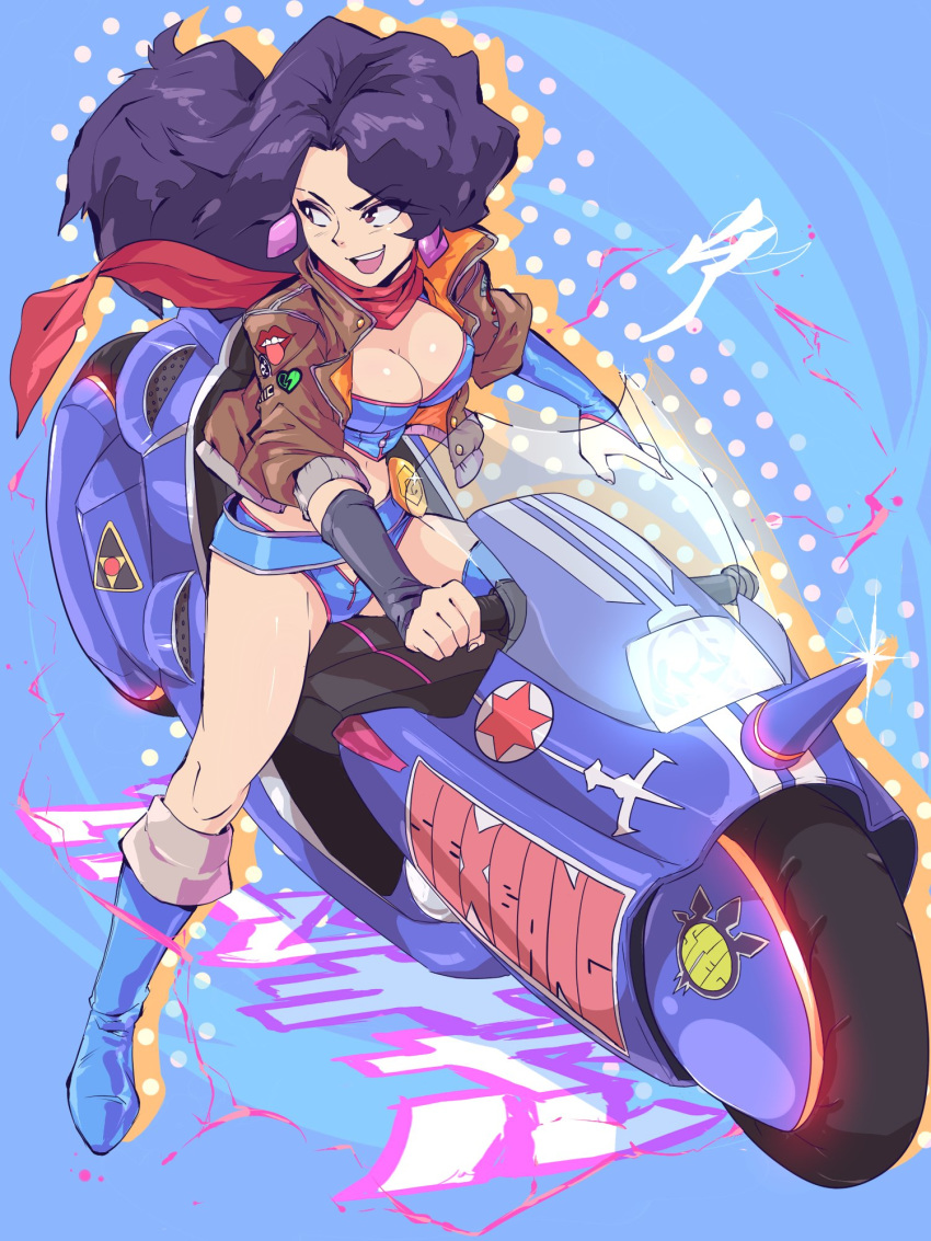 1girl aetherion belt black_hair boots breasts brown_eyes cleavage crop_top danielle_(game_grumps) earrings full_body game_grumps ground_vehicle highres jacket jewelry knee_boots leather leather_jacket long_hair looking_back loose_belt medium_breasts midriff mismatched_sleeves motor_vehicle motorcycle open_clothes open_jacket red_scarf riding scarf short_shorts shorts solo