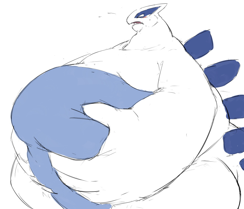 absurd_res anthro belly belly_squish blue_belly blue_body feral hi_res holding_belly legendary_pok&eacute;mon lugia male morbidly_obese nintendo obese overweight pok&eacute;mon pok&eacute;mon_(species) shocked simple_background solo squish video_games white_body zephy_03