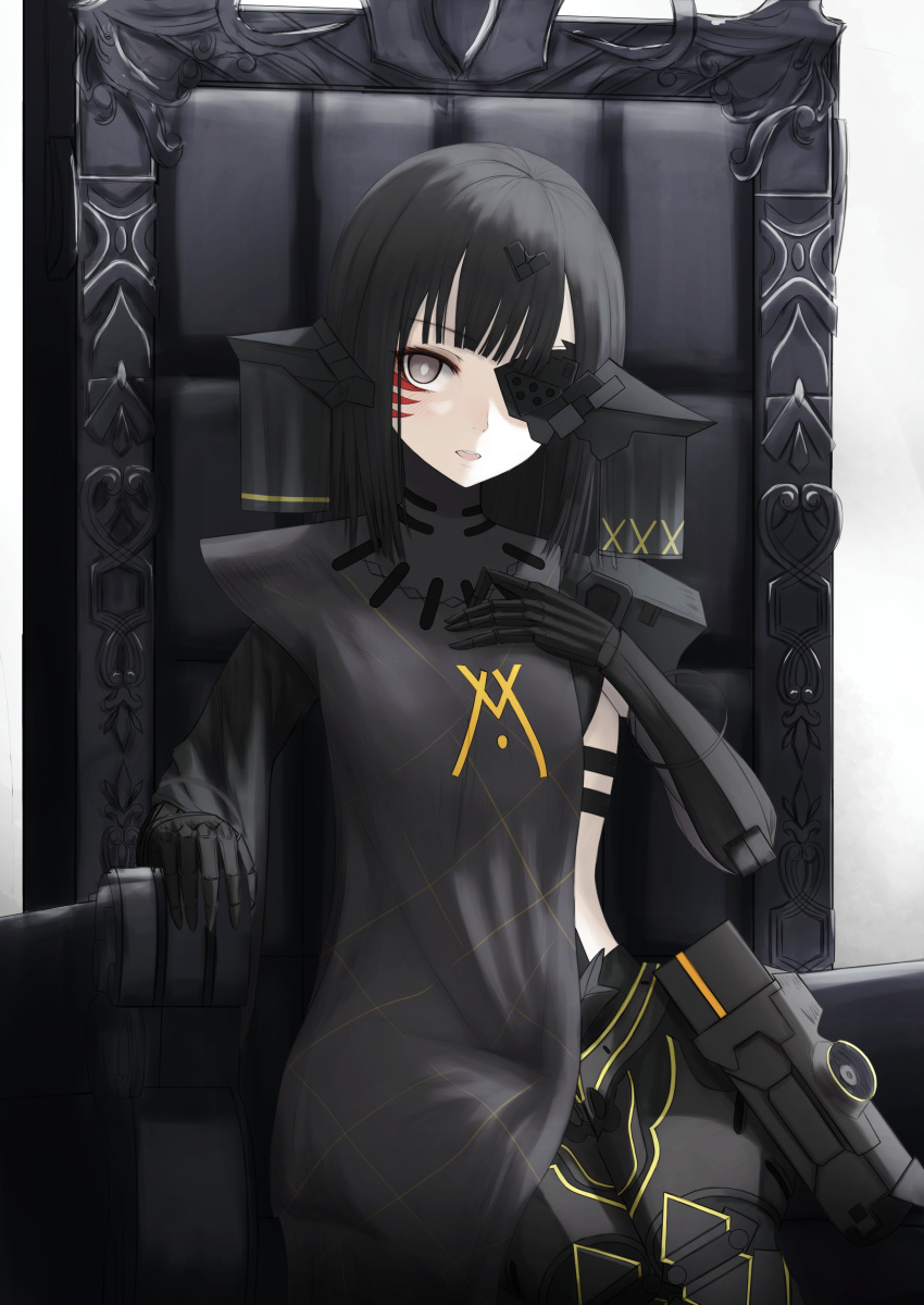 1girl absurdres android black_clothes black_hair chair english_commentary girls_frontline headgear highres looking_at_viewer mechanical_arms nyto_adeline_(girls_frontline) open_mouth pale_skin paradeus solo thomas_8000 whisker_markings white_eyes