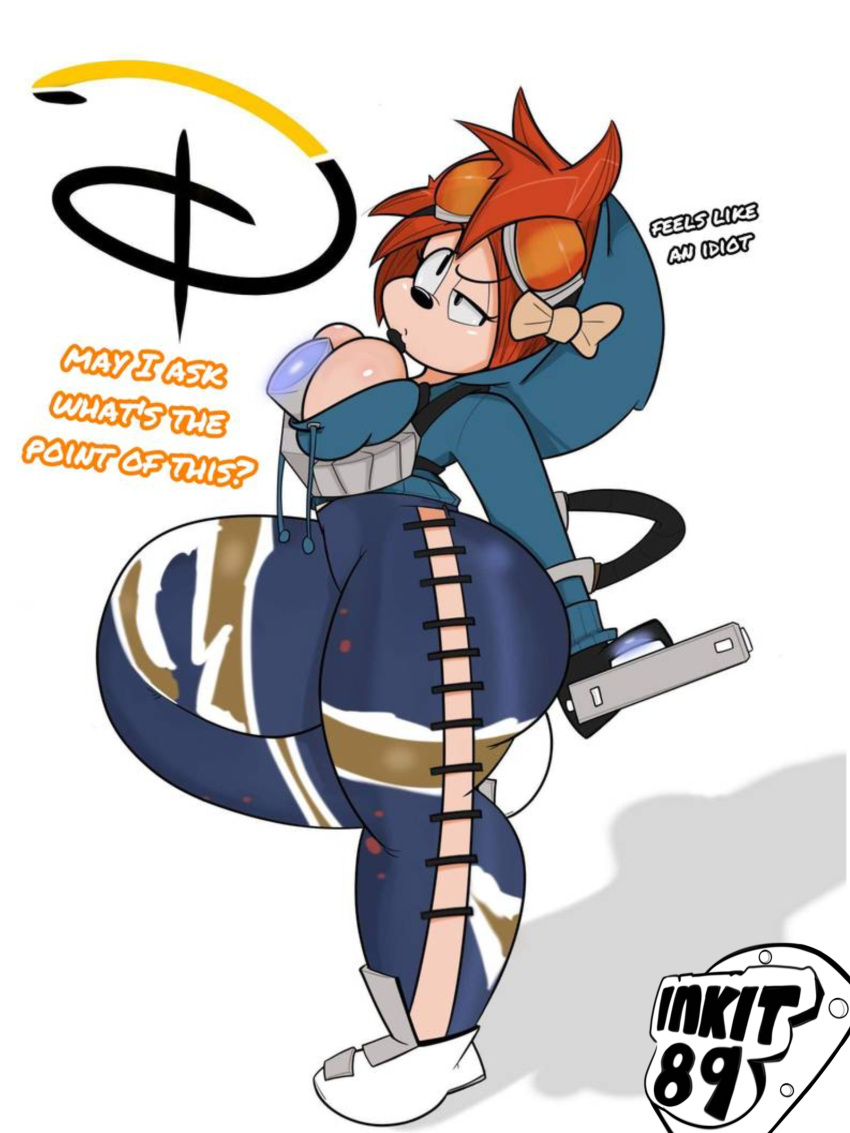 2019 3:4 absurd_res accessory anthro big_breasts big_butt blizzard_entertainment boots bottomwear breasts butt cleavage clothed clothing cosplay crossover crossover_cosplay curvy_figure dialogue digital_media_(artwork) disney domestic_cat english_text eyewear felid feline felis female footwear goof_troop gun hair hair_accessory hair_bow hair_ribbon handgun hi_res hourglass_figure huge_butt inkit89 mammal orange_hair overwatch pants pistol pistol_pete ranged_weapon ribbons simple_background solo sunglasses tan_body tan_skin text thick_thighs tracer_(overwatch) video_games voluptuous weapon white_background wide_hips