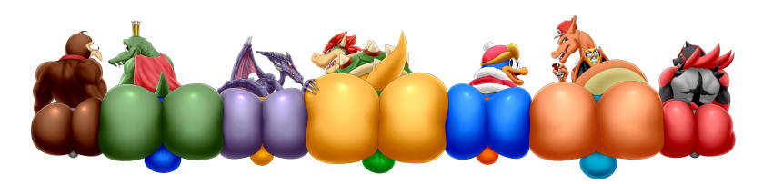 absurd_res alpha_channel anthro ape avian big_butt bird bowser bulge butt character_select charizard crocodilian donkey_kong_(character) donkey_kong_(series) gorilla group haplorhine hi_res huge_butt hyper hyper_butt incineroar king_dedede king_k._rool kirby_(series) koopa kremling lineup long_image looking_at_viewer male mammal mario_bros metroid nintendo penguin pok&eacute;mon pok&eacute;mon_(species) primate reptile ridley scalie simple_background spaca space_pirate transparent_background video_games wide_image