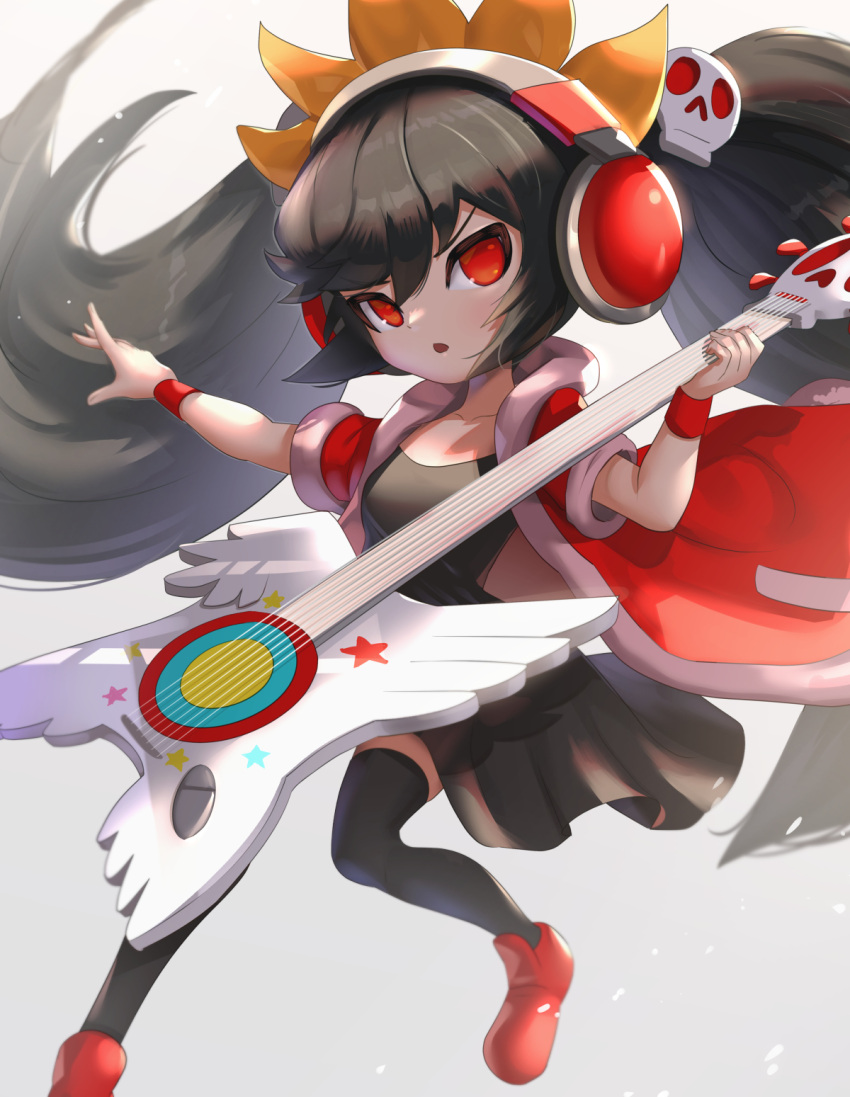 1girl ashley_(warioware) black_dress black_hair dress electric_guitar furrowed_eyebrows gonzarez guitar hair_ornament headphones highres instrument long_hair looking_at_viewer open_mouth red_eyes red_footwear skull_hair_ornament thighhighs twintails warioware wristband