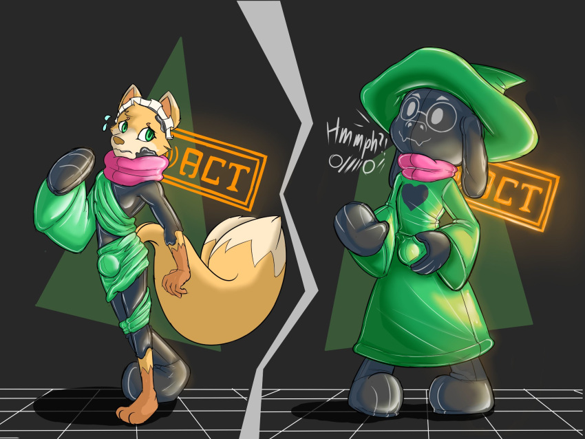 &lt;3 2021 3_toes 4:3 anthro biped bulge canid canine clothed clothing costumekato deltarune digital_drawing_(artwork) digital_media_(artwork) dipstick_tail embarrassed english_text feet forced_smile fox fur glistening goo_transformation green_eyes groping_bulge groping_self hi_res khloe_(character) latex_transformation male mammal multicolored_tail null_bulge ralsei rubber sequence simple_background smile solo text toes toony transformation video_games yellow_body yellow_fur