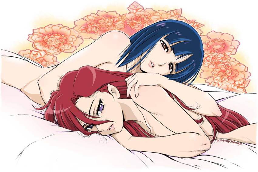 2girls blue_hair bob_cut brown_eyes brown_hair convenient_censoring floral_print long_hair lying medium_hair multiple_girls nude on_bed on_stomach precure purple_eyes rose_print sabachiyo_land shiratori_yuriko takizawa_asuka tropical-rouge!_precure white_background yellow_background yuri