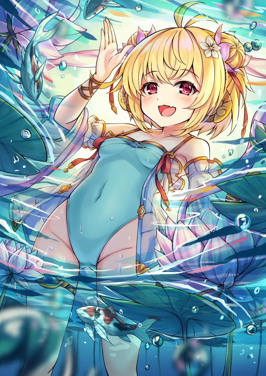 1girl akami770 andira_(granblue_fantasy) animal_ears antenna_hair aqua_swimsuit ass_visible_through_thighs blonde_hair breasts casual_one-piece_swimsuit covered_navel double_bun fang fish from_below granblue_fantasy highres koi lily_pad looking_at_viewer monkey_ears monkey_girl monkey_tail one-piece_swimsuit red_eyes short_hair skin_fang small_breasts smile solo swimsuit tail water waving