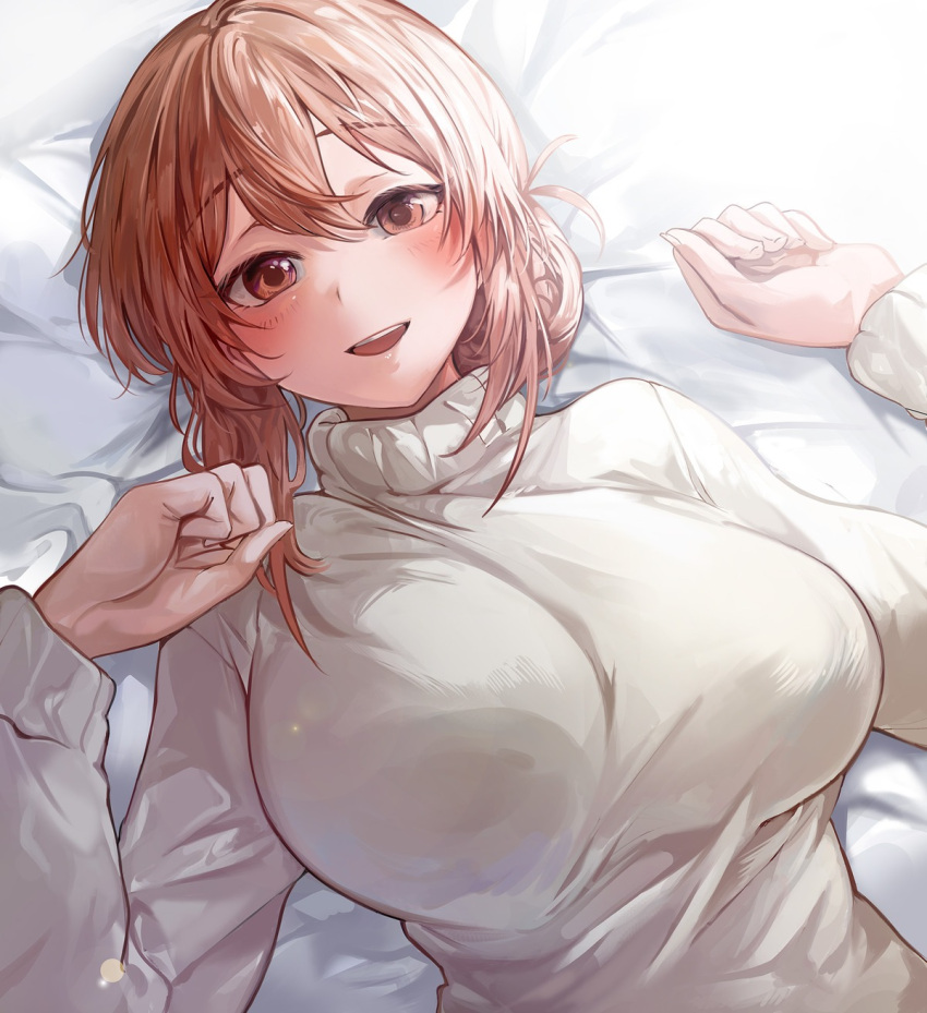 1girl :d bad_id bad_pixiv_id bangs banned_artist bloom blush breasts brown_eyes brown_hair dutch_angle eyebrows_visible_through_hair hair_between_eyes hands_up highres indoors large_breasts looking_at_viewer lying medium_hair on_back on_bed open_mouth smile solo suru_(ksoo420) sweater turtleneck upper_body upper_teeth white_sweater yahari_ore_no_seishun_lovecome_wa_machigatteiru. yuigahama_yui's_mother