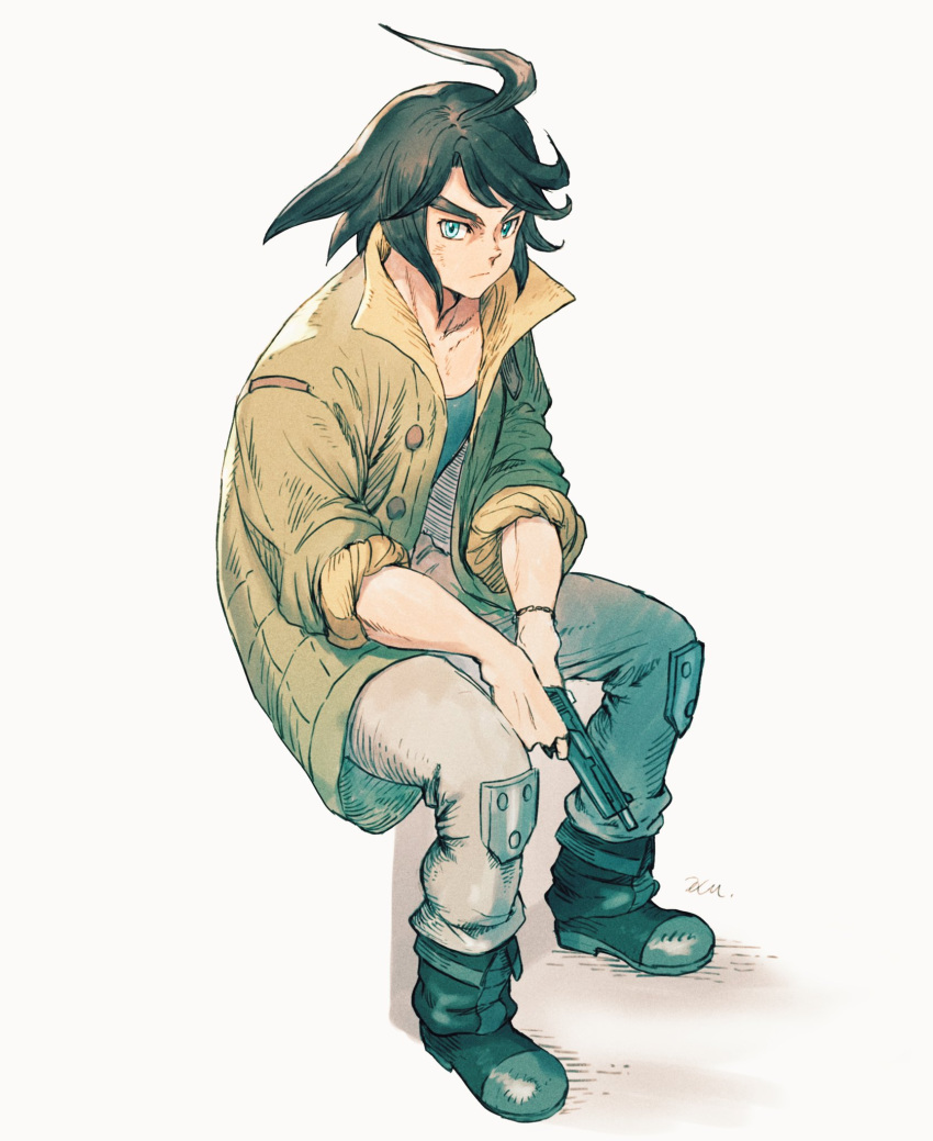 ahoge black_footwear black_hair blue_eyes boots bracelet chain closed_mouth collarbone green_jacket grey_background gun gundam gundam_tekketsu_no_orphans handgun hatching_(texture) highres holding holding_gun holding_weapon jacket jewelry knee_pads kuroimori medium_hair mikazuki_augus open_clothes open_jacket scratches signature simple_background sith sleeves_rolled_up weapon