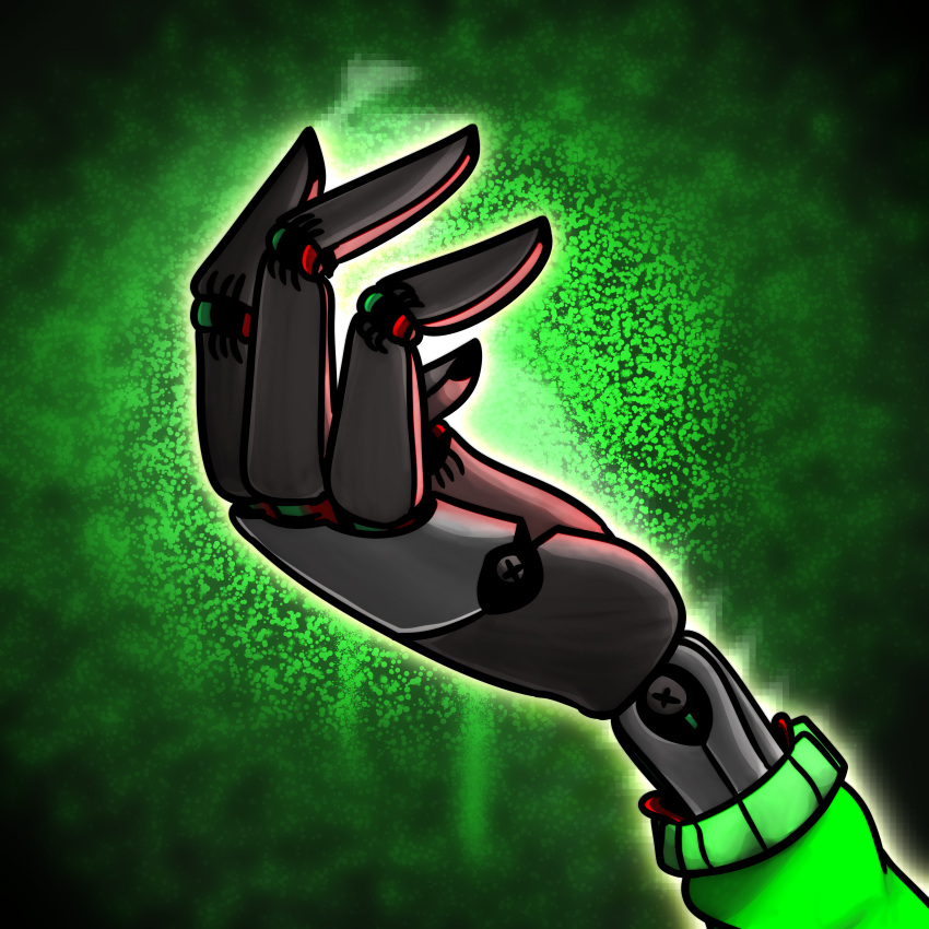 1:1 3_fingers absurd_res ambiguous_gender bendu bendu_(character) clothing elemental_manipulation fingers fire fire_manipulation glowing green_background green_clothing hi_res machine metal robot robotic_arm screws simple_background solo
