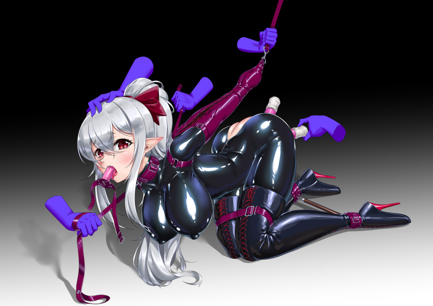 1girl anal anal_object_insertion arm_behind_back ass ballet_boots bangs blush bodysuit boots bound bound_arms bound_legs bow breasts collar covered_nipples crossed_bangs disembodied_limb elbow_gloves eyebrows_visible_through_hair fang gagging gloves hair_bow high_heels highres kage_no_shinobu large_breasts latex latex_bodysuit leash long_hair object_insertion original pointy_ears ponytail red_eyes restrained sex_toy silver_hair skin_tight solo thigh_boots thighhighs tongue tongue_out vaginal vaginal_object_insertion vibrator