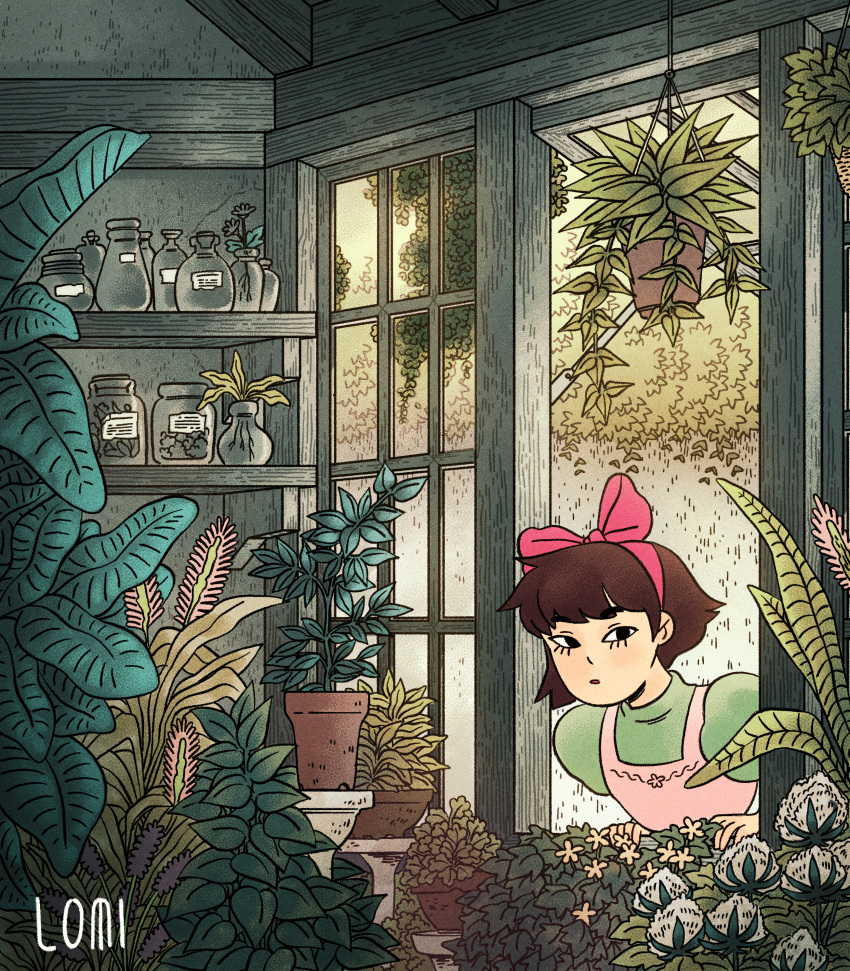 1girl absurdres bangs bow brown_hair door dress green_dress hair_bow highres jar kiki leaf luigi_santos majo_no_takkyuubin pink_bow plant potted_plant shelf short_hair signature solo window