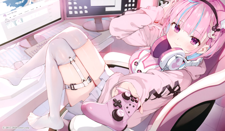 animal_ears blush computer cropped hololive matsui_hiroaki minato_aqua purple_eyes purple_hair scan skirt thighhighs