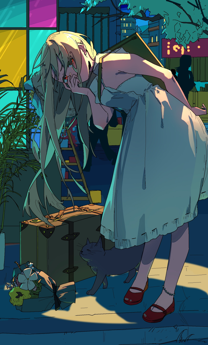 1girl anklet arm_behind_back bangs bent_over blonde_hair bouquet cat covering_mouth dress flower guozimiao hand_on_own_face highres jewelry ladder long_hair looking_at_viewer night red_eyes red_footwear sakura-sou_no_pet_na_kanojo shiina_mashiro shoulder_strap suitcase white_dress