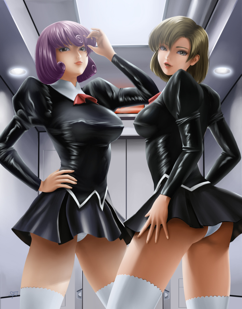 2girls agent_aika aika_(series) bangs black_delmo black_delmo_leader black_jacket black_skirt blonde_hair bob_cut breasts brown_eyes covered_nipples cravat crotch_seam delmogeny_uniform hand_up highres indoors jacket juliet_sleeves long_sleeves medium_breasts misaki_(agent_aika) multiple_girls panties pantyshot pleated_skirt puffy_sleeves purple_hair red_neckwear short_hair skirt spj standing thighhighs thighs underwear uniform white_legwear white_panties